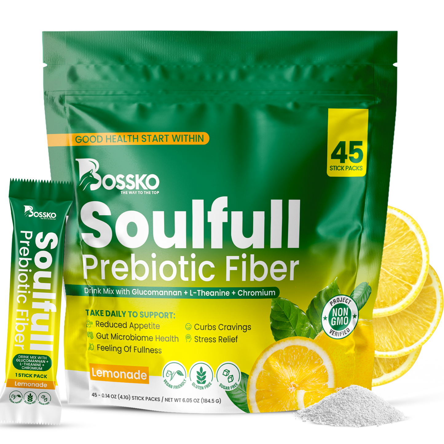 Prebiotic Fiber Drink Mix – 45 Sticks with Glucomannan, Chromium & L-Theanine