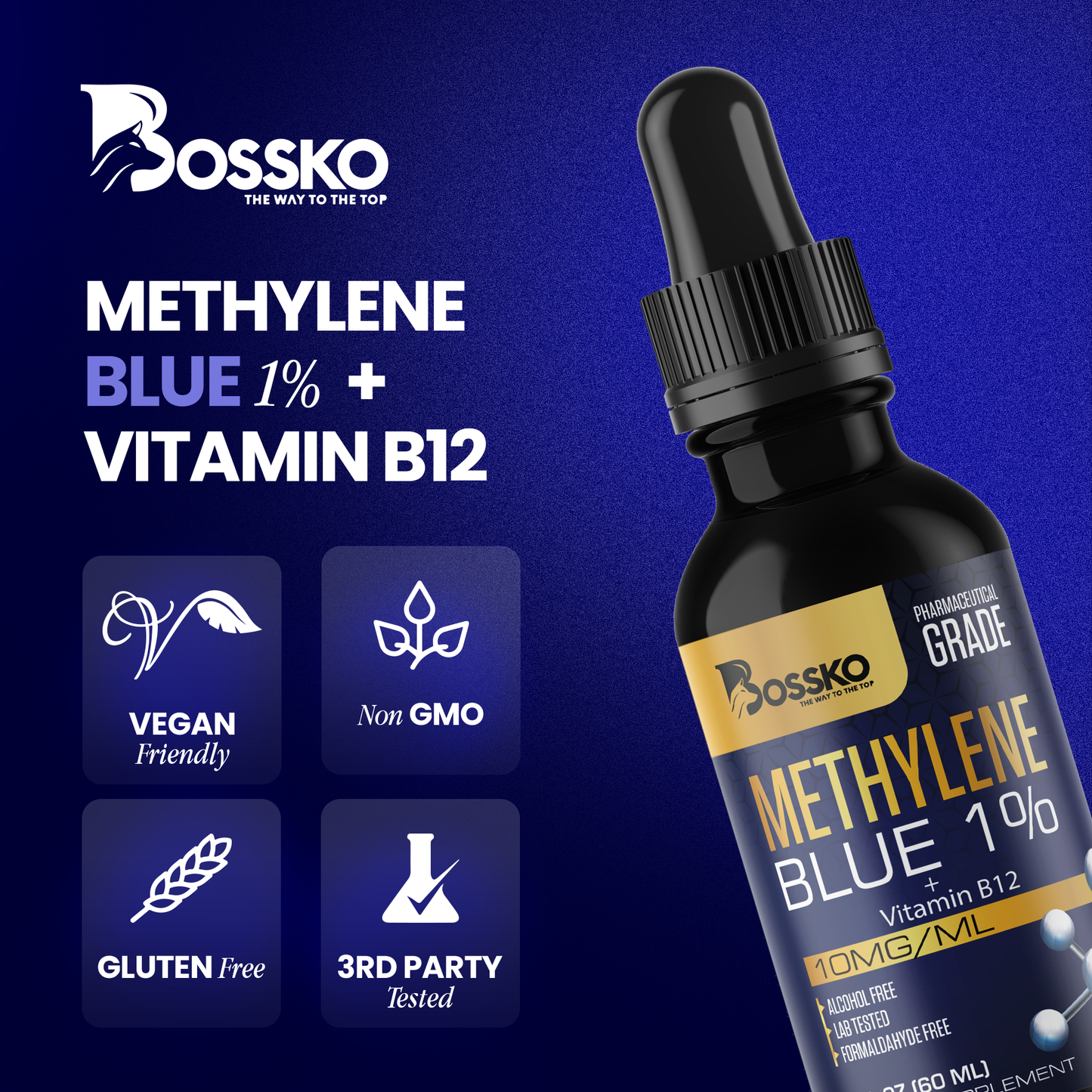 Methylene Blue 1% Drops – Pharmaceutical Grade 99.99% with Dropper | USP Quality Supplement for Humans | B12 + Magnesium | No Formaldehyde | Made in USA (60ml Bottle)