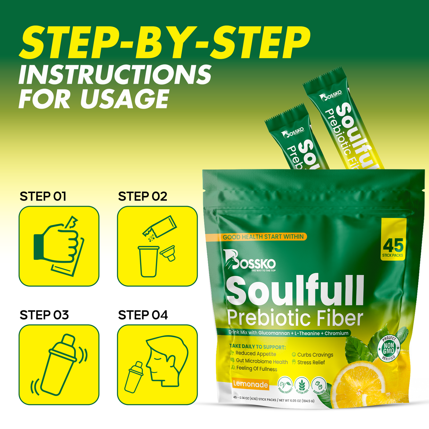 Prebiotic Fiber Drink Mix – 45 Sticks with Glucomannan, Chromium & L-Theanine