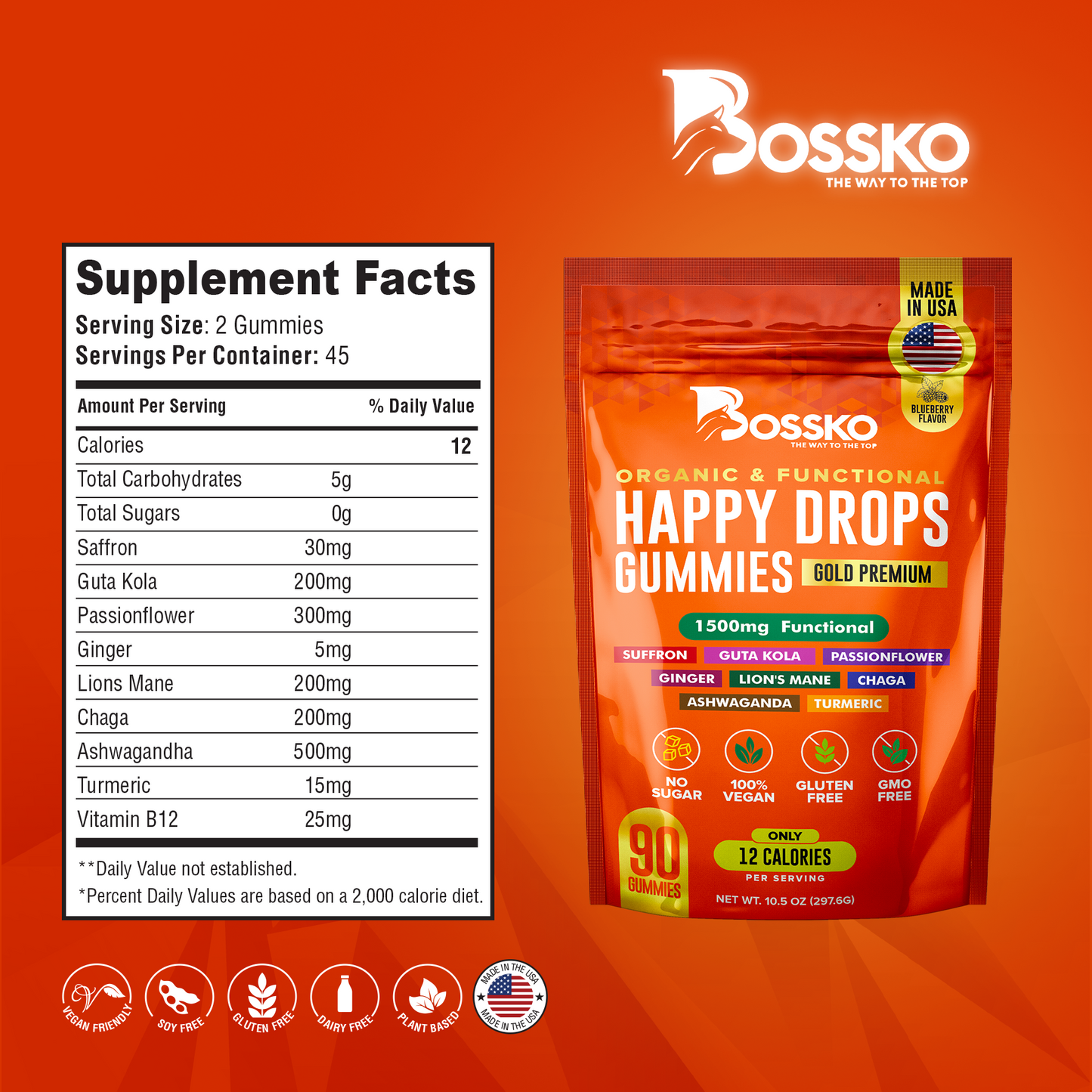 Happy Drops 1500 mg Supplement Daily Mood Superfood Happy Gummies with ashwagandha Chaga Saffron
