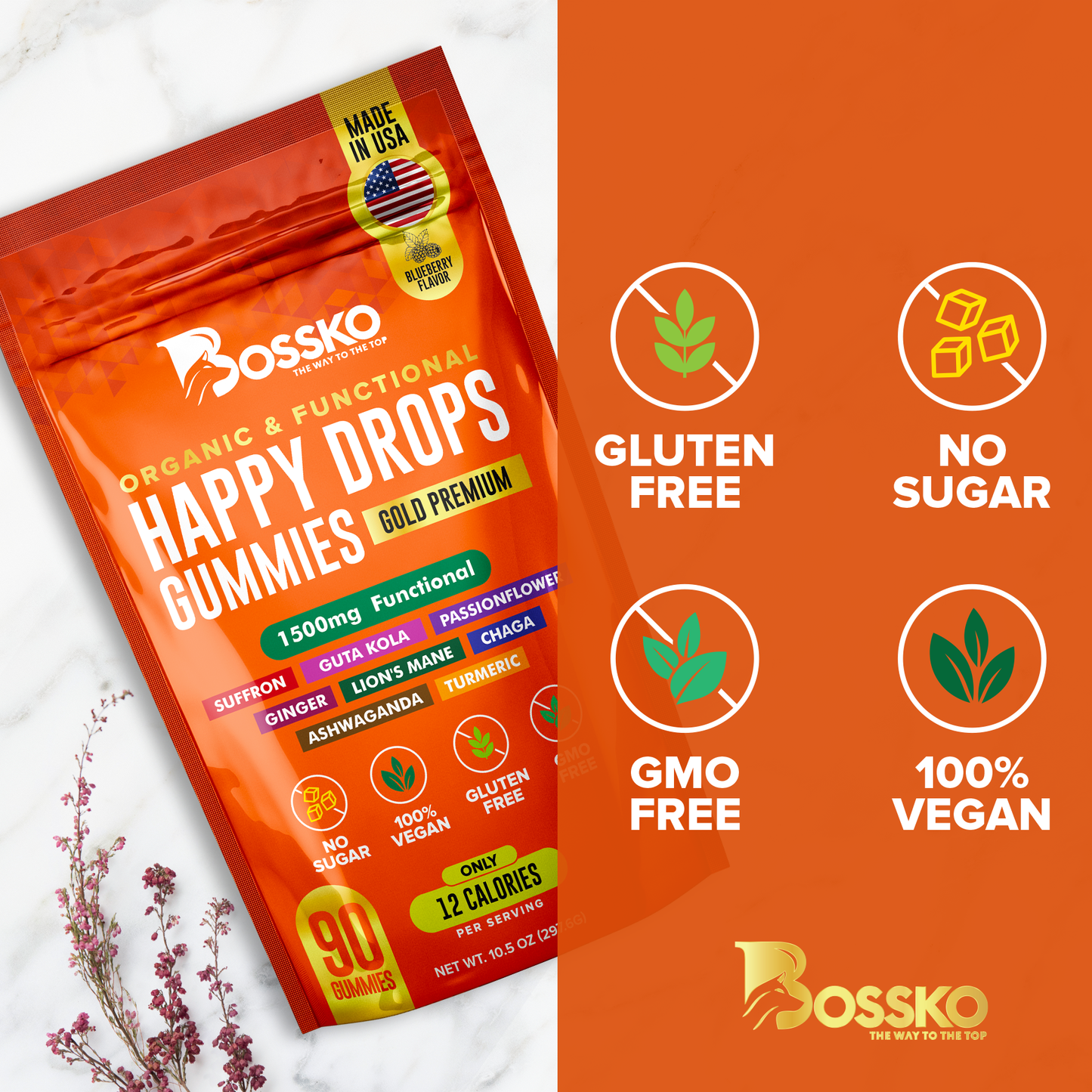 Happy Drops 1500 mg Supplement Daily Mood Superfood Happy Gummies with ashwagandha Chaga Saffron