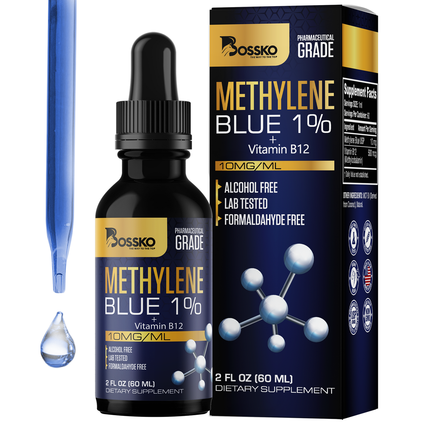 Methylene Blue 1% Drops – Pharmaceutical Grade 99.99% with Dropper | USP Quality Supplement for Humans | B12 + Magnesium | No Formaldehyde | Made in USA (60ml Bottle)